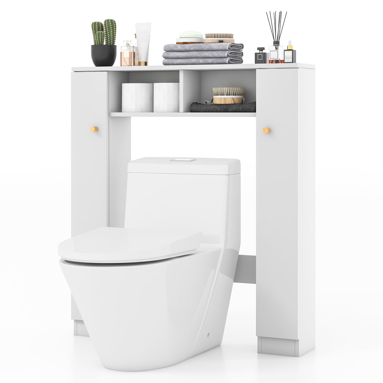 Tangkula Over The Toilet Storage Cabinet, Freestanding Above Toilet Organizer w/ 10-Level Adjustable Shelves & Crossbar